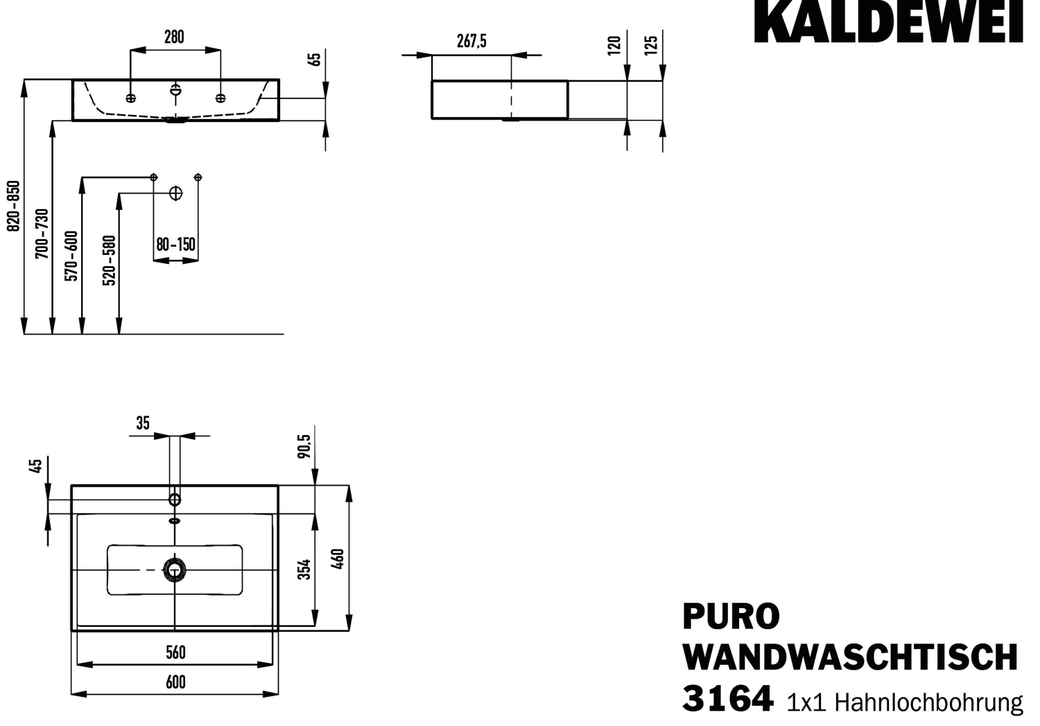 KA WB PURO WANDWASCHTISCH Mod.3164,600x 460mm,schwarz,PEFF,AD,m. 1HL,mÜL,chr