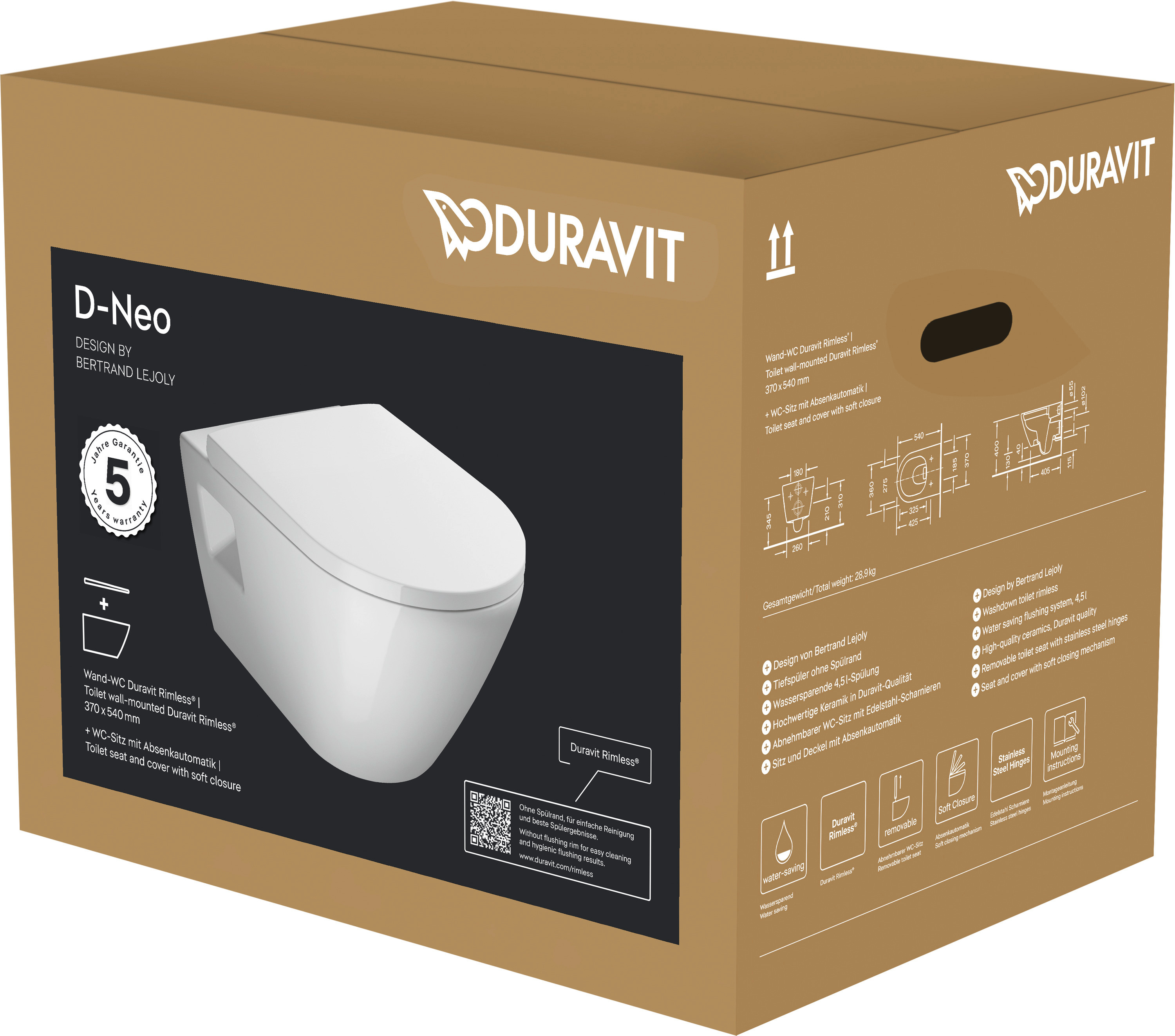 DU Wand-WC Set 540 mm D-Neo Weiß,TS rimless,WC-Sitz m.Absenkautomatik