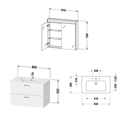 DU XBase Möbel-Set 830x490mm, WT,WTU m. Schubk.2, Spiegelschr.,Weiß glänzend