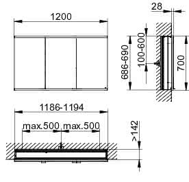 KEUCO Royal Modular 2.0 SPS, bel. 80031, Einb,2Steckd,sb-elox,1200x700x160mm