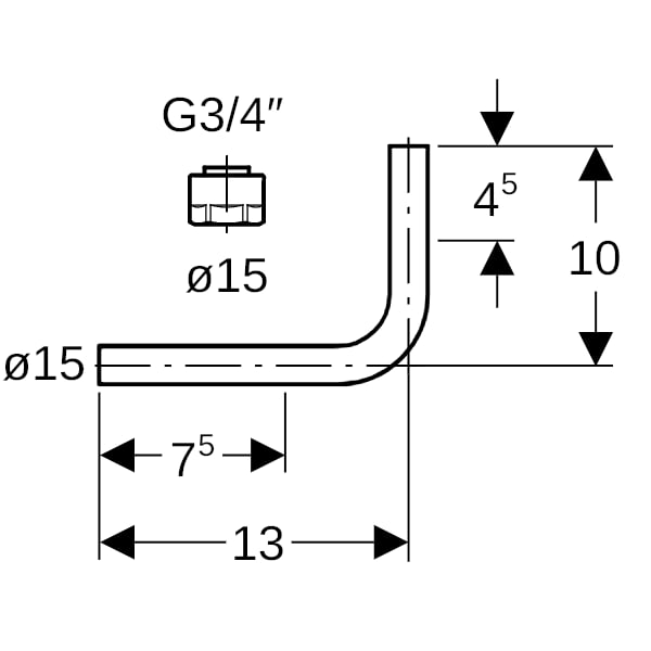 Geberit Metallrohr-Passbogen 90Gr mit Anschlussverschraubung d15