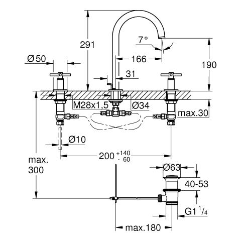 GROHE 3-Loch-WT-Batterie Atrio 20643 Rohrauslauf Kreuz-Griff cool sunrise