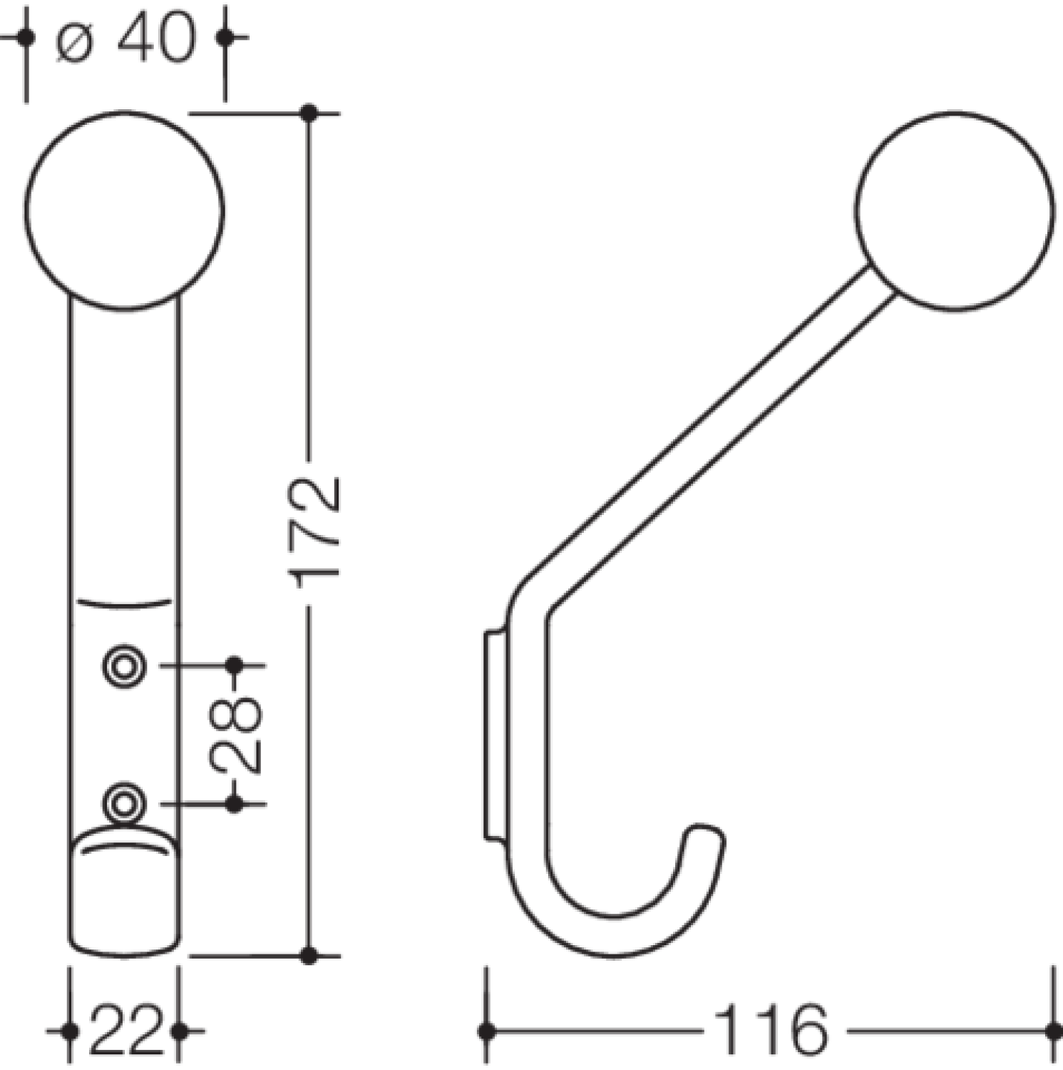 HEWI Garderobenhaken Ser 477, H:174mm, m. Kugel, T:117mm rubinrot