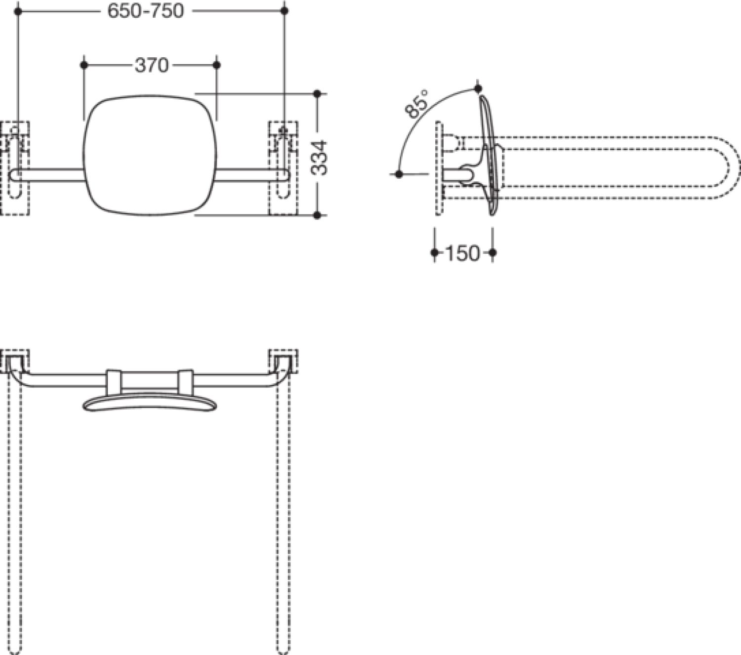HEWI Rückenstütze, WA = 150mm SK-Griff-Montage tiefschwarz