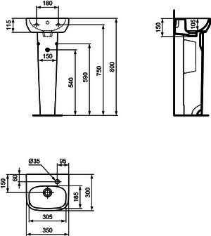 IS Handwaschbecken i.life A 1 Hl. rechts m.Ül. 350x300x115mm Weiß