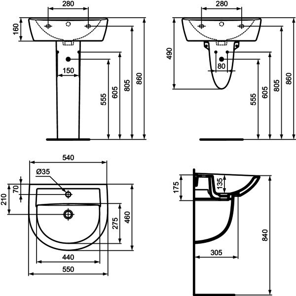 IS Waschtisch Eurovit, 1 Hl., m.Ül., 550x460x160mm, Weiß