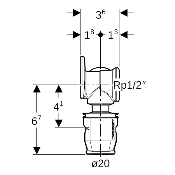 Geberit PushFit Eckanschlusswinkel 90Gr Ms d20-Rp1/2-20 L:36mm