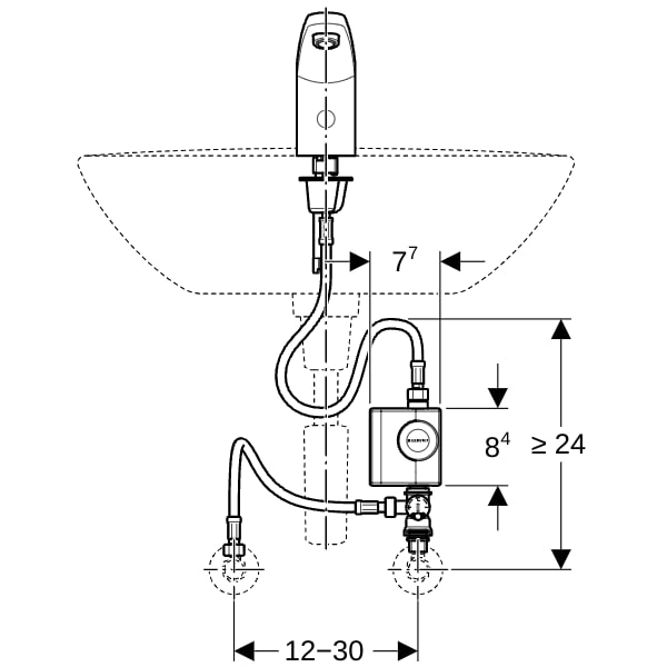 Geberit Typ 185 Waschtischarmatur, Generator mit Untertischmischer, hgl. verchromt