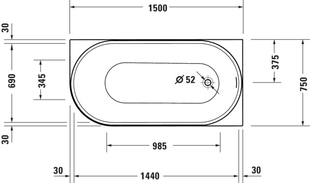 DU DuraSenja BW Ecke rechts,Weiß,Acryl 1500x750x585 Oval,RS 2,incl.FG u.AÜL