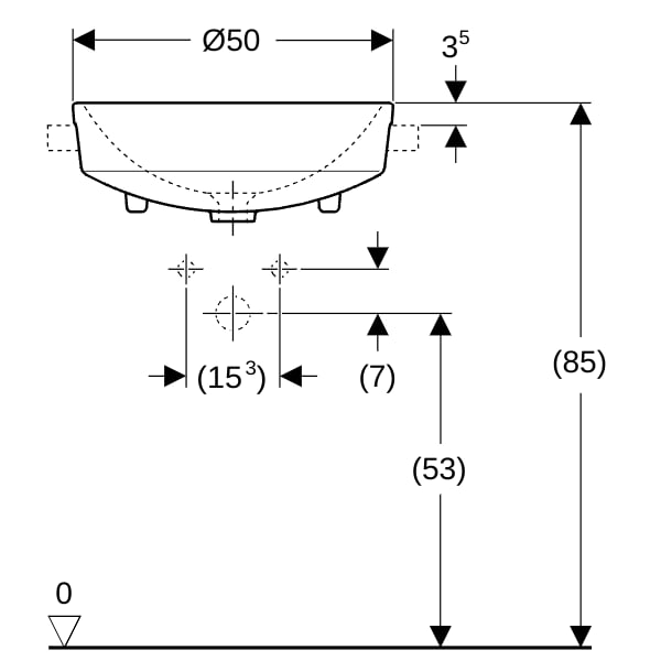 Geberit VariForm Halbeinbauwaschtisch, rund d: 50cm, m. Hl, m. Ül., weiß