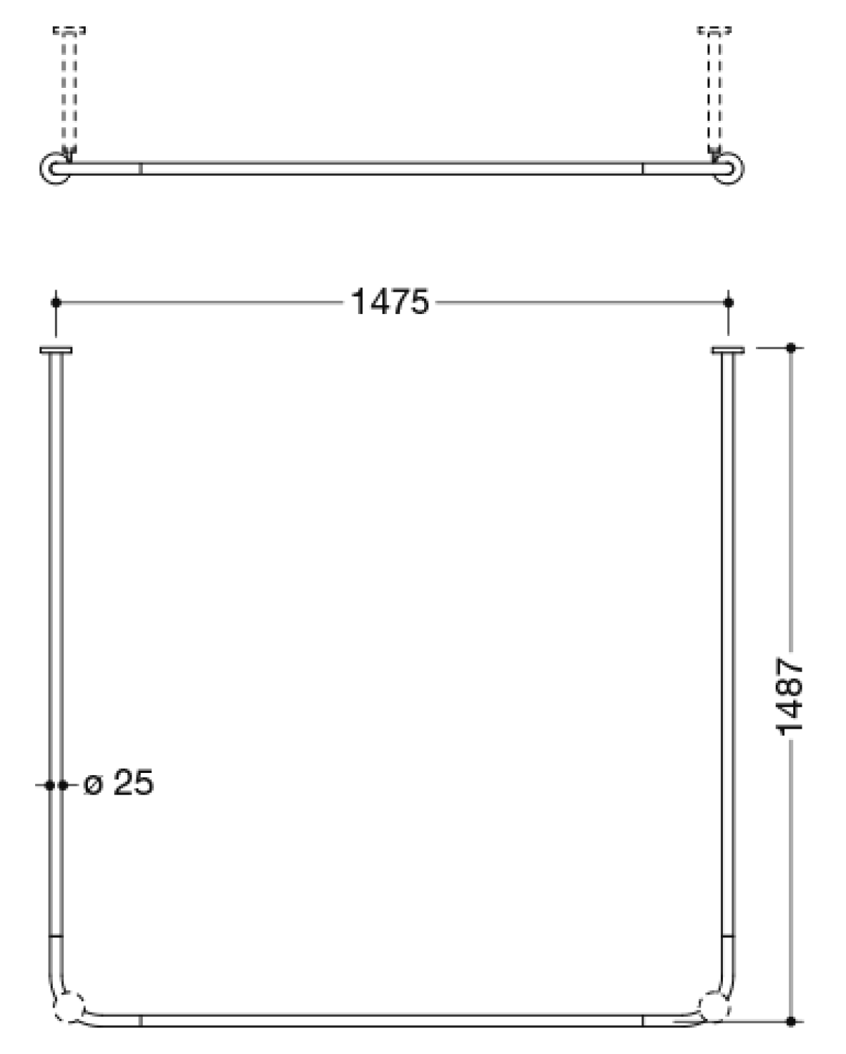 HEWI VH-Stange,d:25,A1/A3=1487, A2=1465, 46 Ringe, plvb weiß tiefmatt