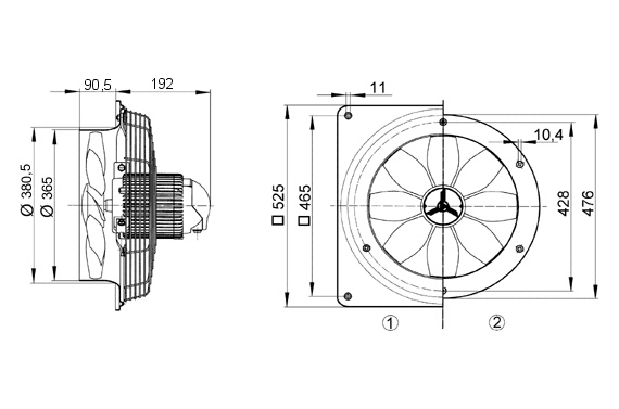 Maico Axial-Wandventilator DZQ 35/2 B quadrat. Wandplatte, Drehstrom, DN350