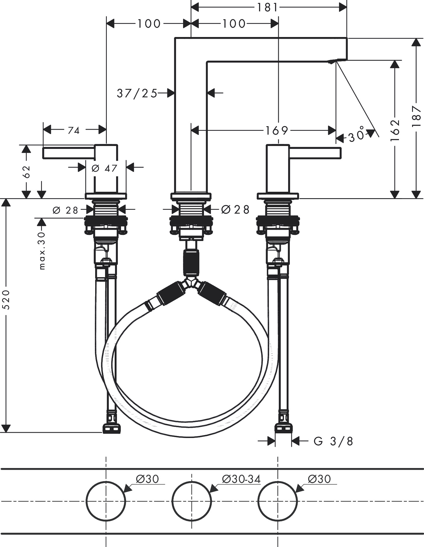 Hansgrohe 3-Loch Waschtischarmatur 160 Finoris  mit Push-Open Ablaufgarnitur chrom