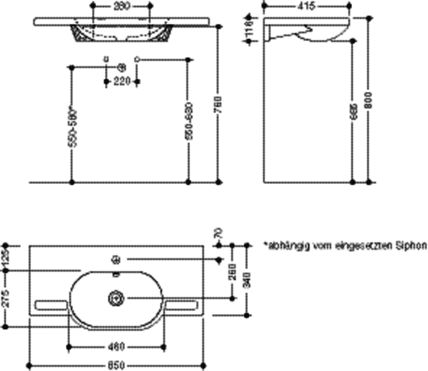 HEWI Waschtisch mit Griffmulden 850 x 415mm, mit Überlauf, 1 Hahnloch