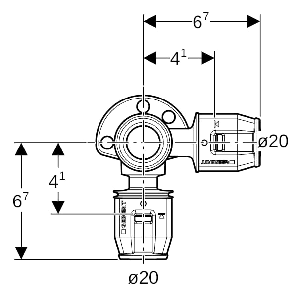 Geberit PushFit Eckanschlusswinkel 90Gr Ms d20-Rp1/2-20 L:36mm