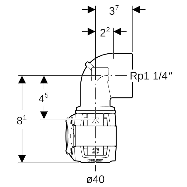 Geberit FlowFit Übergangsbogen 90Gr mit IG Rg+ 90Gr d40-Rp1 1/4