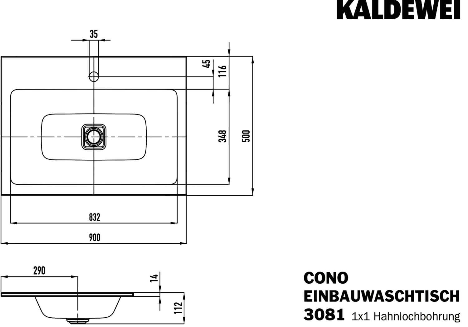 KA WB CONO EINBAUWASCHTISCH Mod.3081,900 x500mm,alpinweiß,PEFF,AD,m. 1HL,oÜL