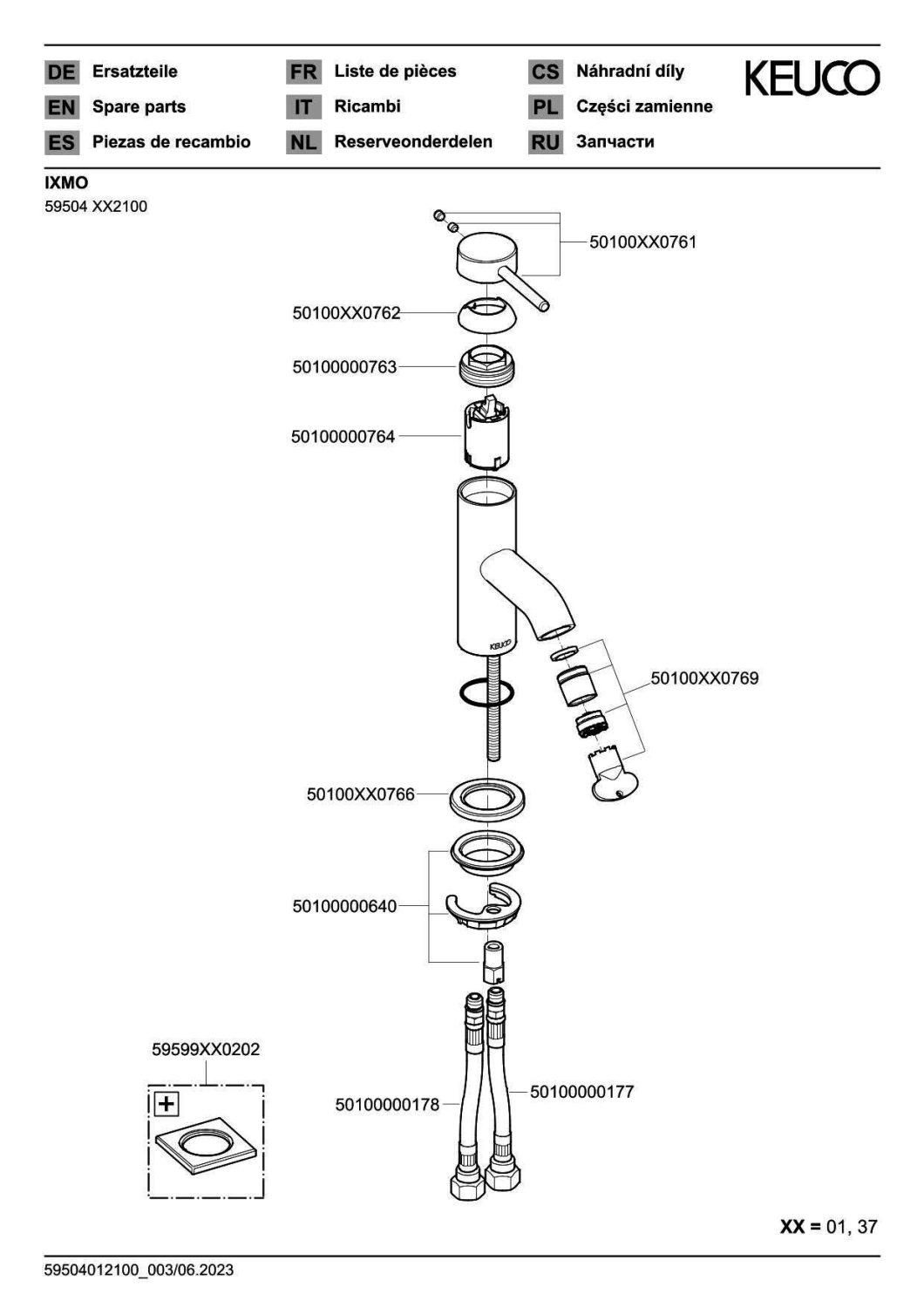 KEUCO EHM-WT-Mischer 60 IXMO 59504 o.Zug.-Ablgrt. Soft, Rosette r/e verchr.