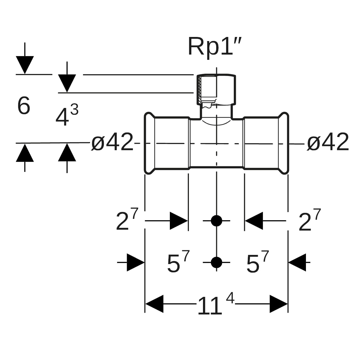 Geberit Mapress C-Stahl T-Stück mit IG d42-Rp1-42 verzinkt