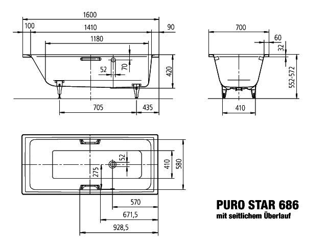 KA BW PURO STAR MIT SEITLICHEM ÜBERLAUF Mod.686,1600x700mm,alpinweiß,PEFF,AS