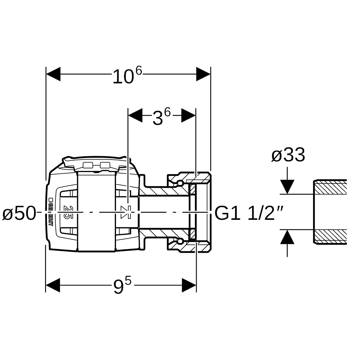 Geberit FlowFit Übergang mit Überwurfmutter SiBr d50-G1 1/2