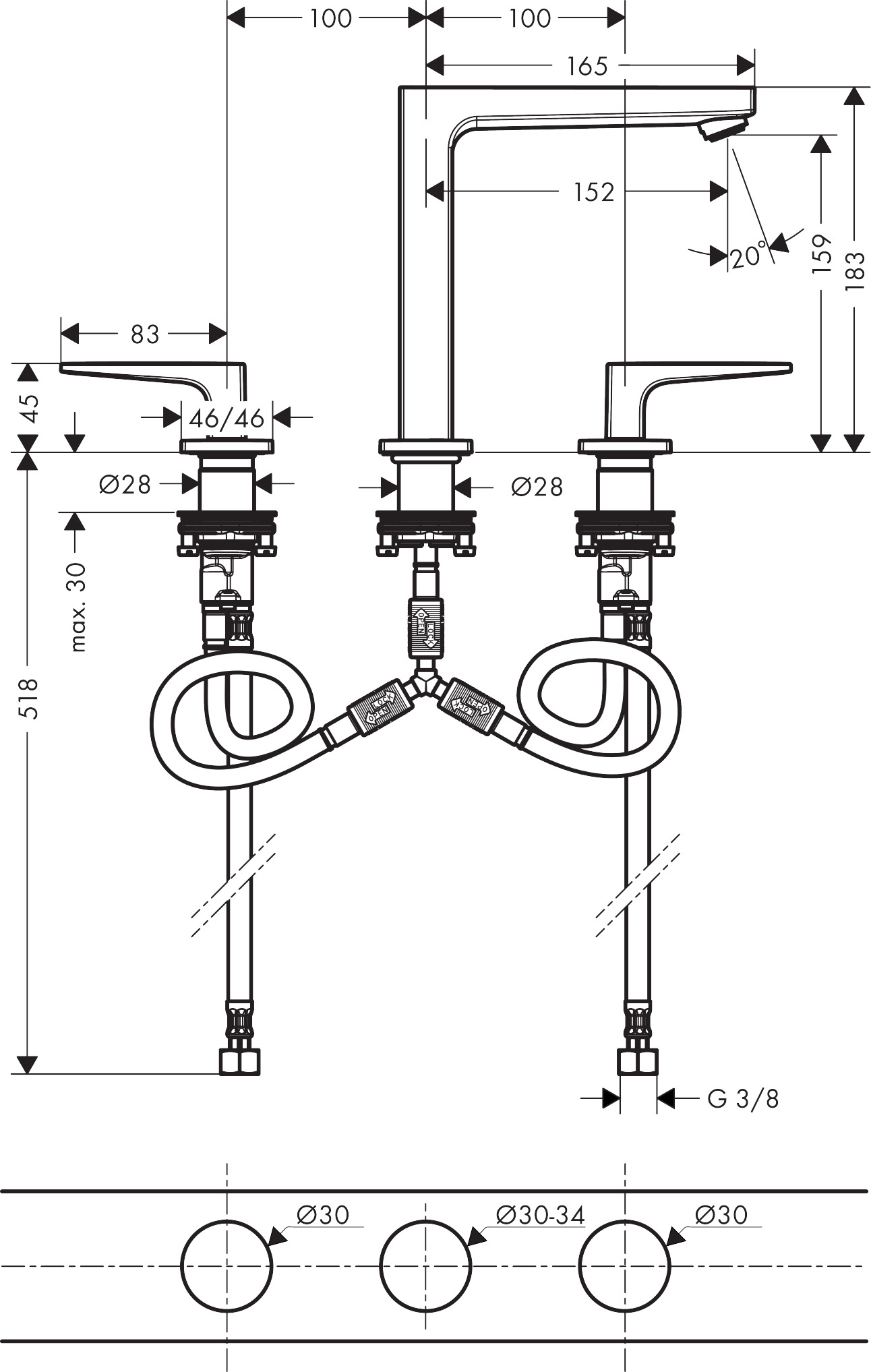 Hansgrohe 3-Loch Waschtischarmatur 160 Metropol BBC