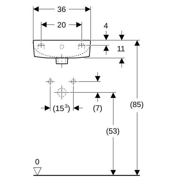 Geberit Renova HWB, verk. Ausladung 36x25cm, m. Hl. rechts, m.Ül., weiß Tect