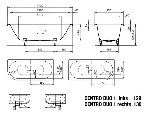 KA BW CENTRO DUO 1 LINKS Mod.129,1700x 750mm,alpinweiß,Antislip
