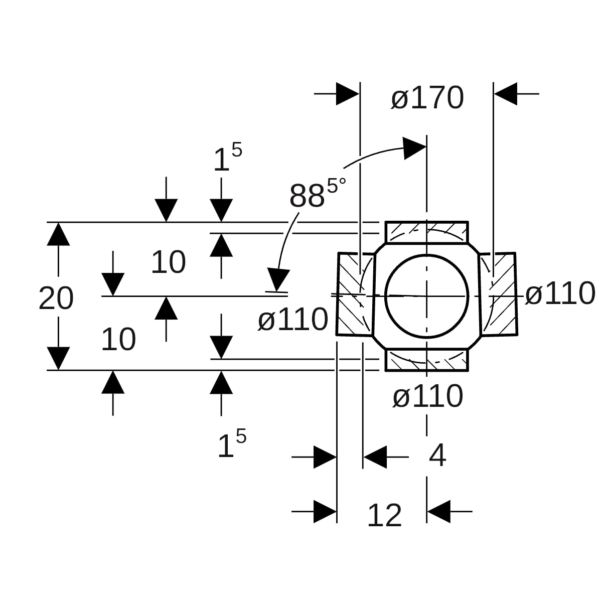 Geberit PE Kugelabzweig 88,5Gr dreifach Anschlüsse 90Gr versetzt d110/110