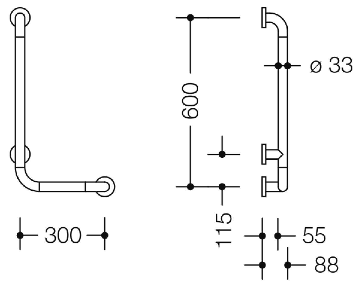 HEWI Winkelgriff Ser 801, AM:600, W:300, antimikrobielle Ausrüstung signalweiß