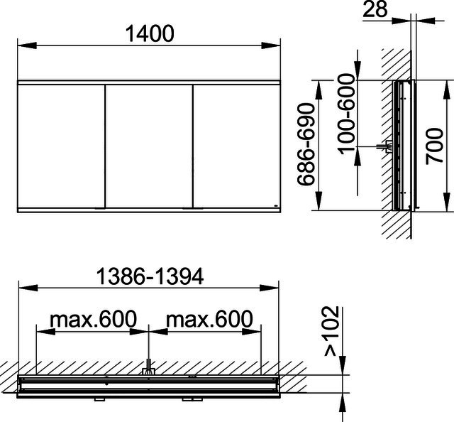 KEUCO Royal Modular 2.0 SPS, bel. 80031, Einb,oSteckd,sb-elox,1400x700x120mm