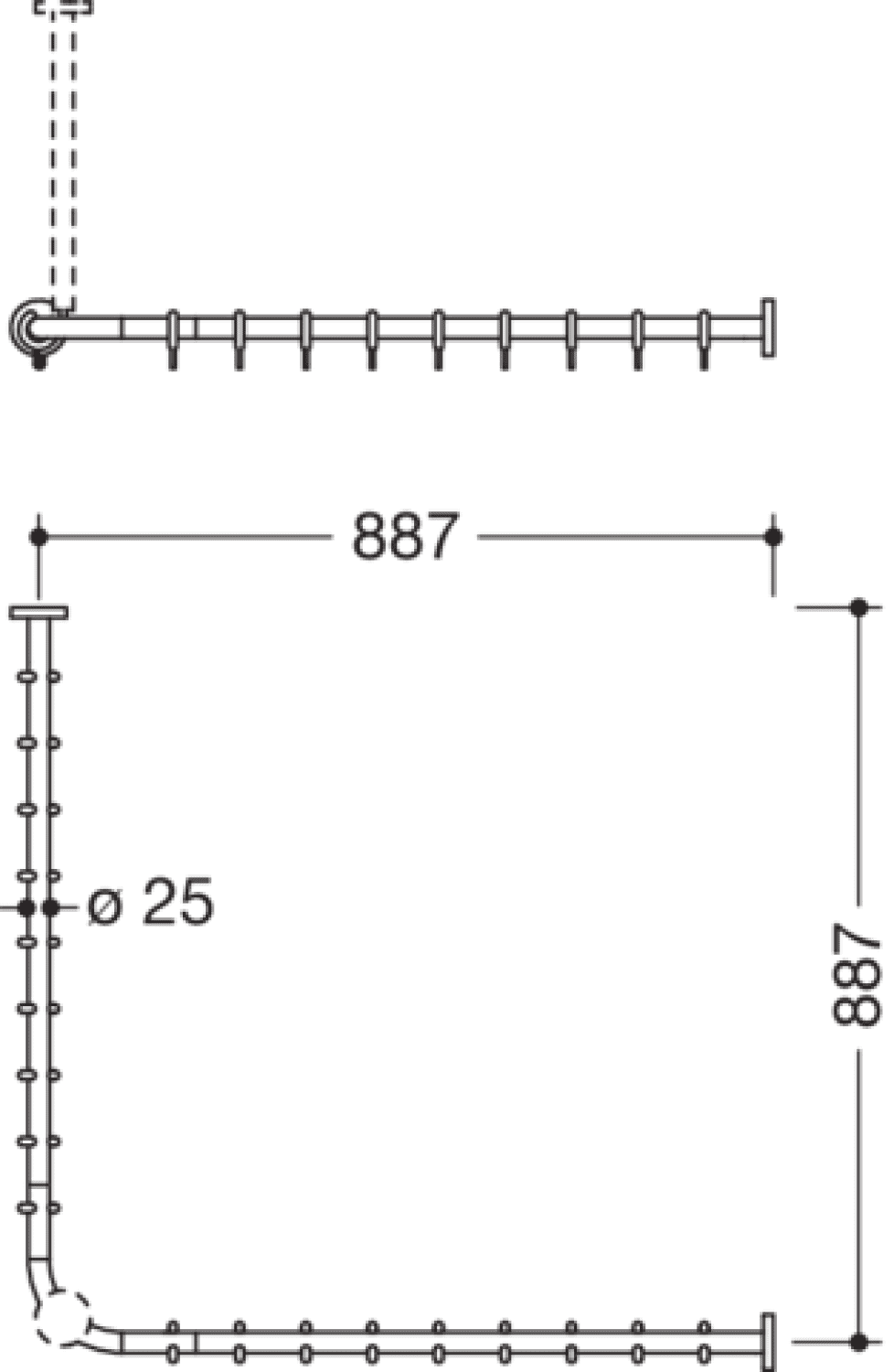 HEWI VH-Stange, d:25, A1/A2=887, 18 Ringe, chrom