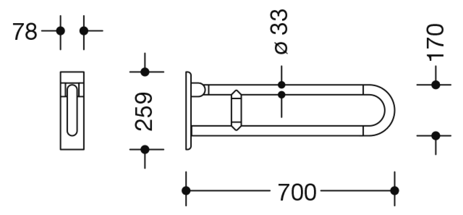 HEWI Stützklappgriff drehb. Ser 801, L:700mm, Stahlkern sand
