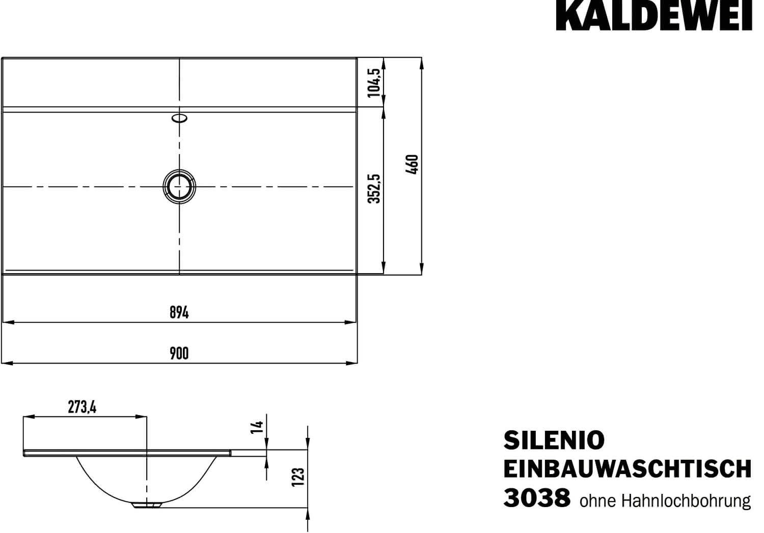 KA WB SILENIO EINBAUWASCHTISCH Mod.3038, 900x460mm,alpinweiß,PEFF,AD,mÜL,chr
