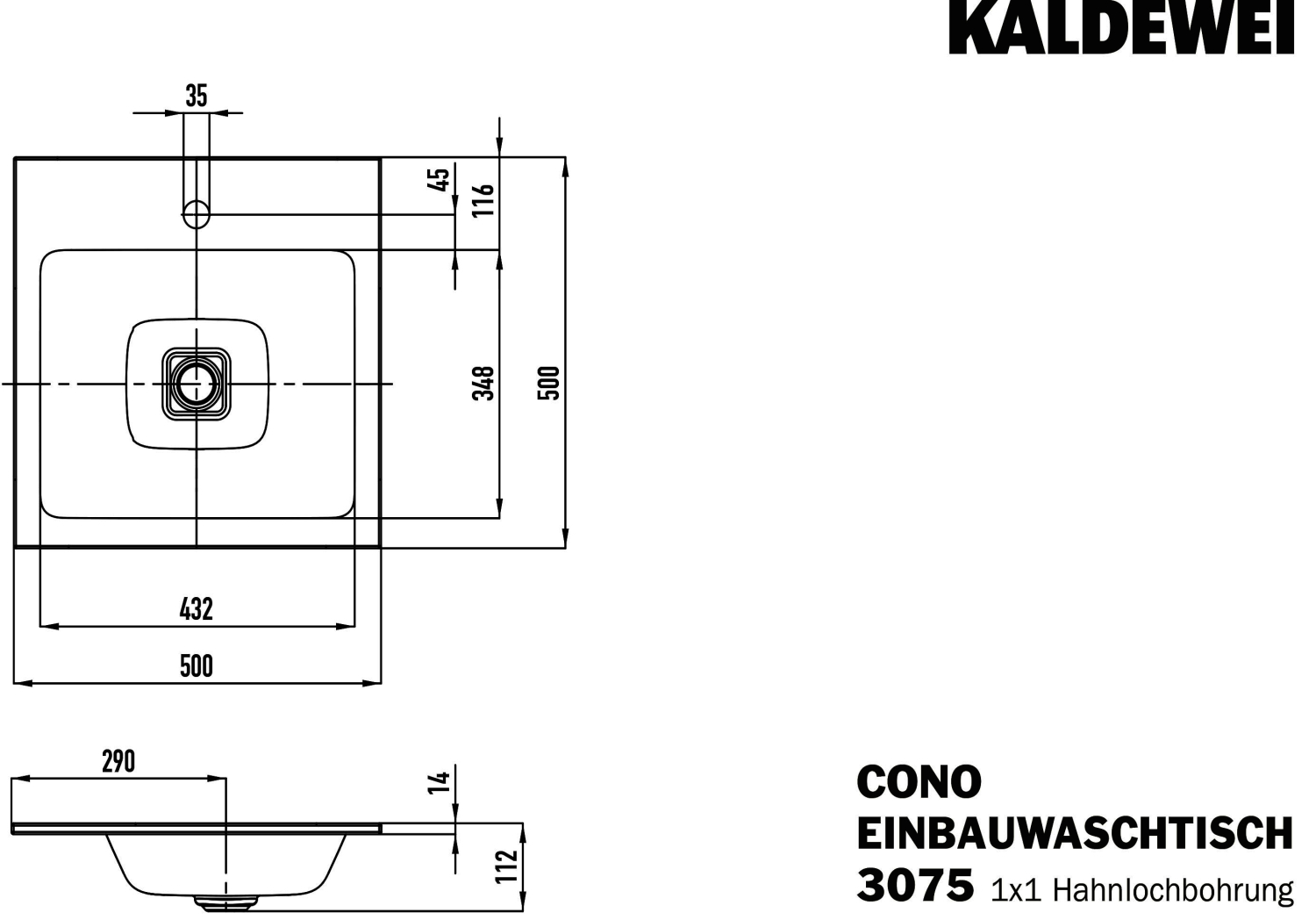 KA WB CONO EINBAUWASCHTISCH Mod.3075,500 x500mm,sm100,PEFF,AD,m. 1HL,oÜL