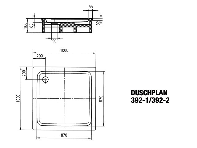KA DW DUSCHPLAN MIT WANNENTRÄGER Mod. 392-2,1000x1000mm,pergamon,PEFF,m. WT