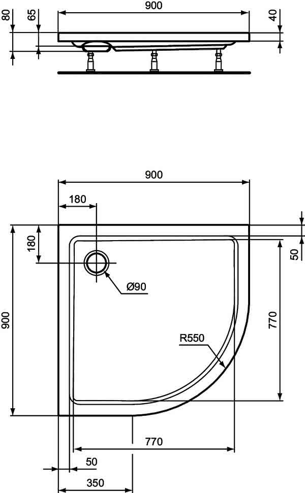 Ideal Standard Viertelkreis-Brausewanne Hotline Neu, 900x900x80mm, Weiß