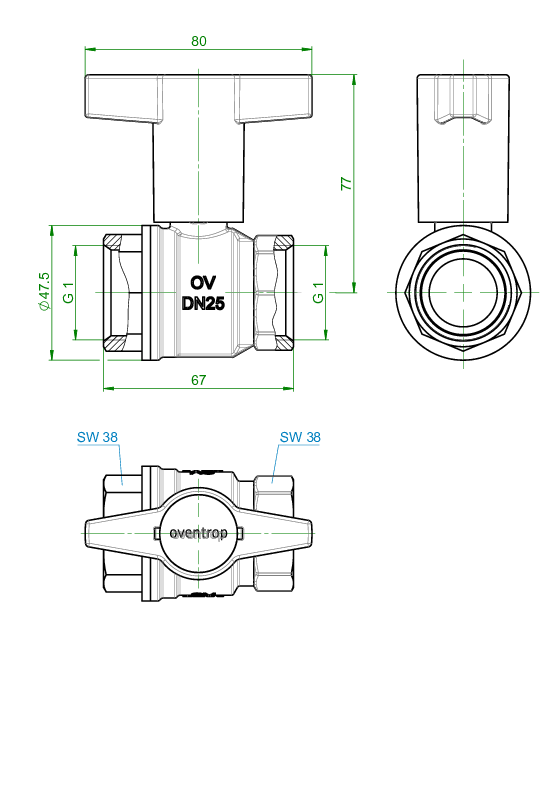 OVENTROP-Kugelhahn "Optibal" mit Thermometer, Knebelgriff, beids. IG 1" OVENTROP-Kugelhahn "Optibal" mit Thermometer, Knebelgriff, beids. IG 1"