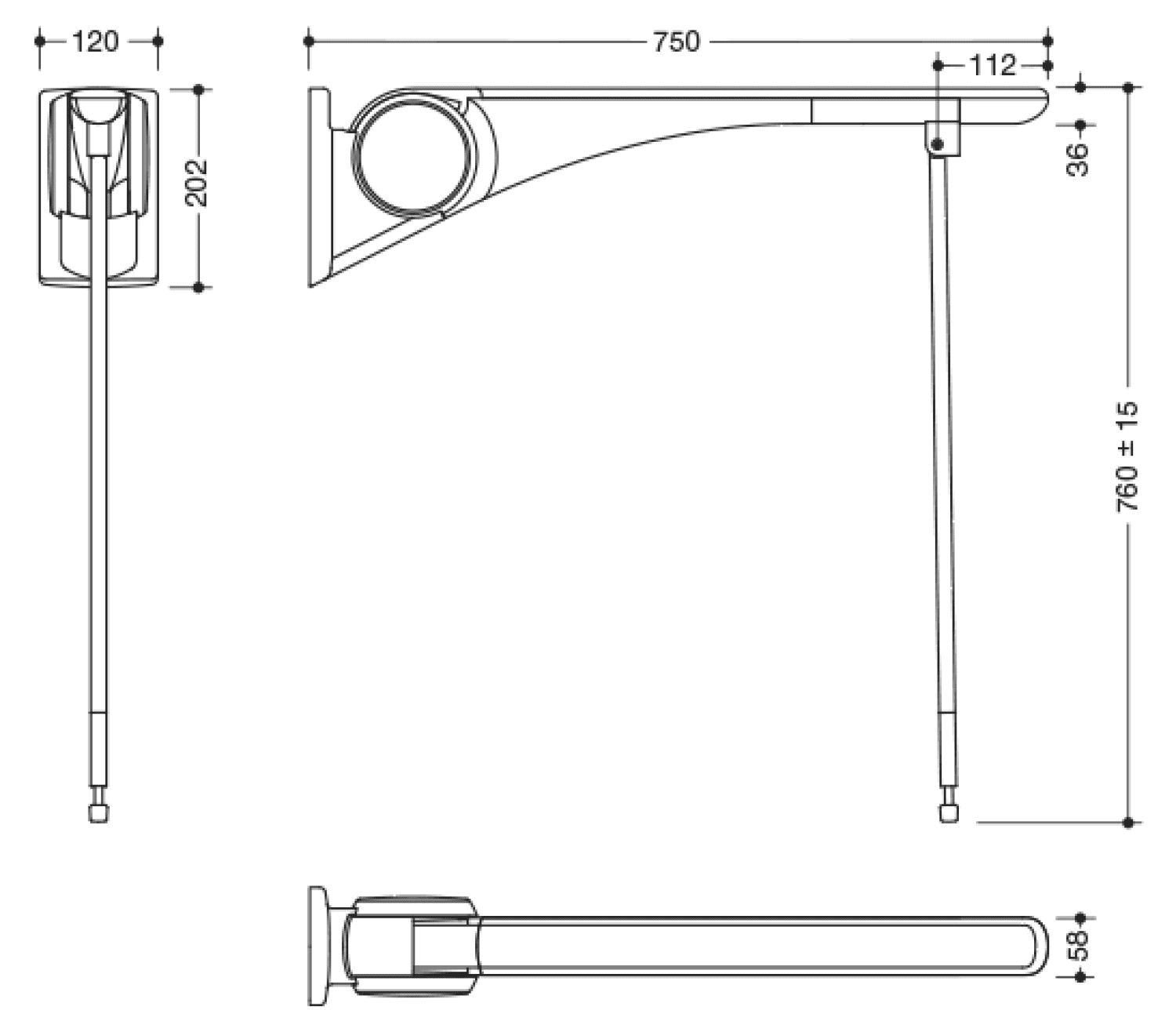 HEWI SK-Griff Basic,750, m.Bodenstütze Montagehöhe h=760mm weiß hgl.- weiß mt