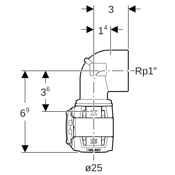 Geberit FlowFit Übergangsbogen 90Gr mit IG Rg+ 90Gr d25-Rp1