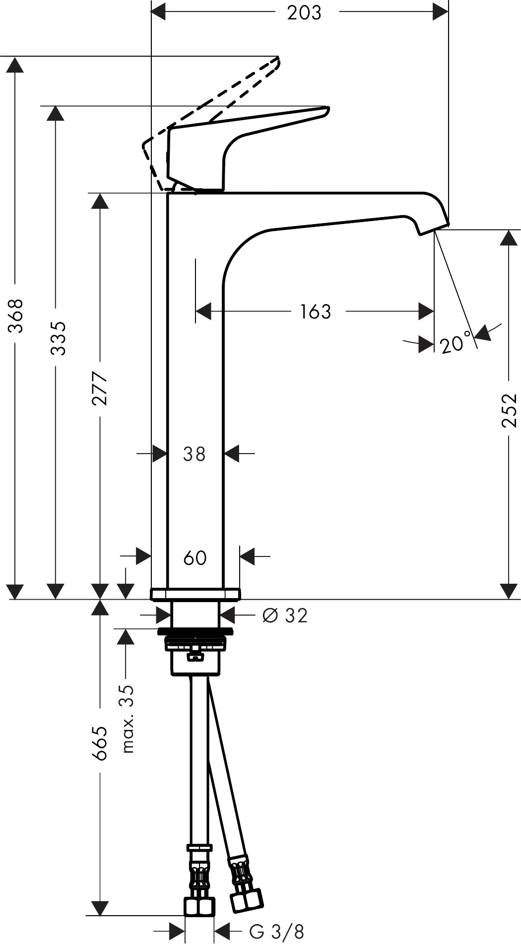 Hansgrohe Waschtischmischer 250 Axor Citterio E Highriser ohne Zugstange Hebelgr.chrom