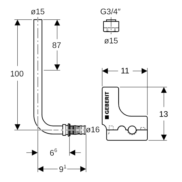 Geberit Mepla Metallrohr-Anschlussbogen 90Gr mit Anschlussverschraubung d16-15-L100