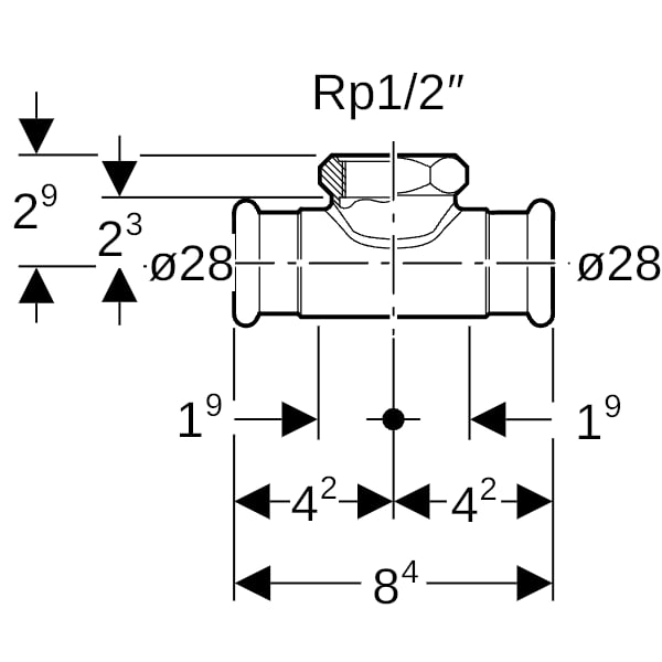 Geberit Mapress Kupfer T-Stück mit IG (Gas) d28-Rp1/2-28