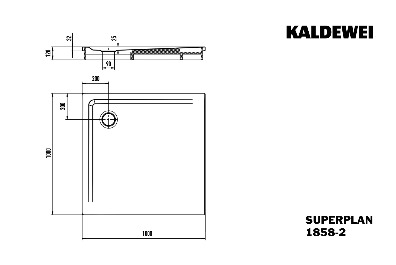 KA DW SUPERPLAN mit Wannenträger Mod. 1858-2,1000x1000mm,alpinweiß,SEC,m. WT