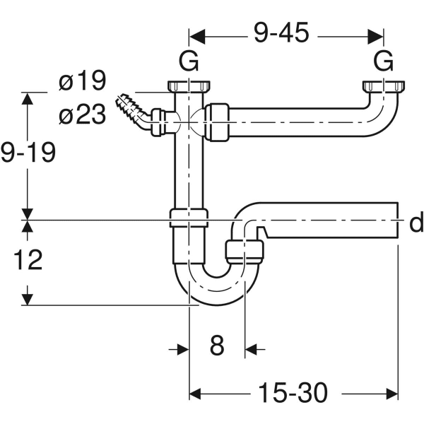 Geberit Rohrbogengeruchsverschluss für zwei Spülbecken Abg.horiz. G1 1/2x40 extral.