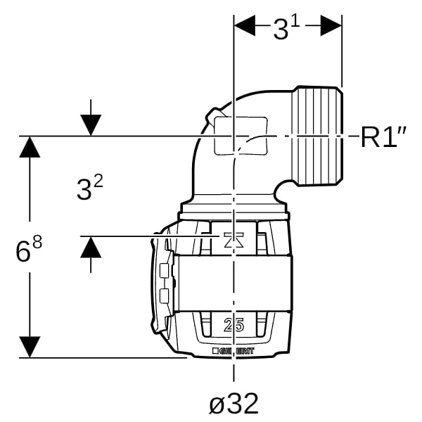 Geberit FlowFit Übergangsbogen 90Gr mit AG Rg+ 90Gr d32-R1