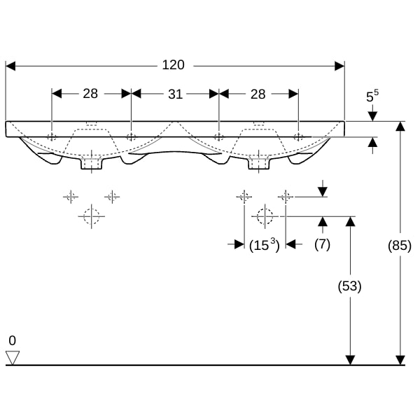 Geberit Acanto Doppel-WT f. US, 120x48cm einfache Bef., m. Hl., m. Ül., weiß Tect