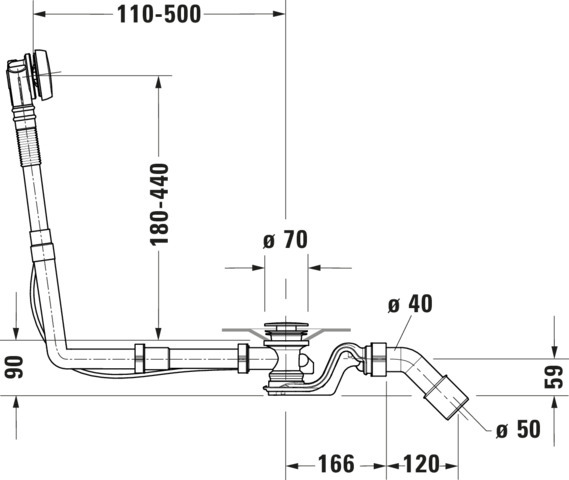 DU Ab- und Überlaufgarnitur Quadroval Drehgriff,Bowdenzuglänge 650mm, chrom