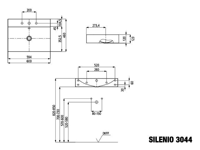 KA WB SILENIO WANDWASCHTISCH Mod.3044, 600x460mm,alpinweiß,PEFF,AD,m. 3HL,oÜL