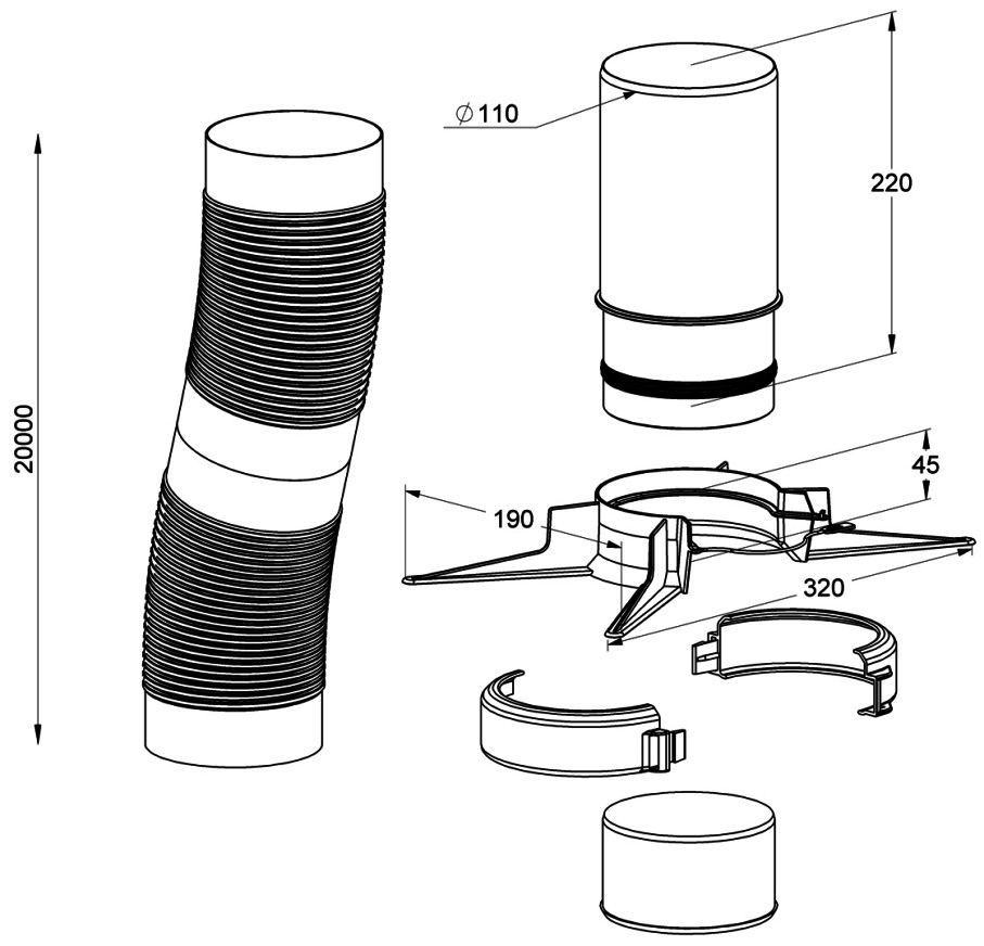 MHG Rohr, flexibel, 20,0 m, DN 110 mit Montageset, für Abgasleitung Atec